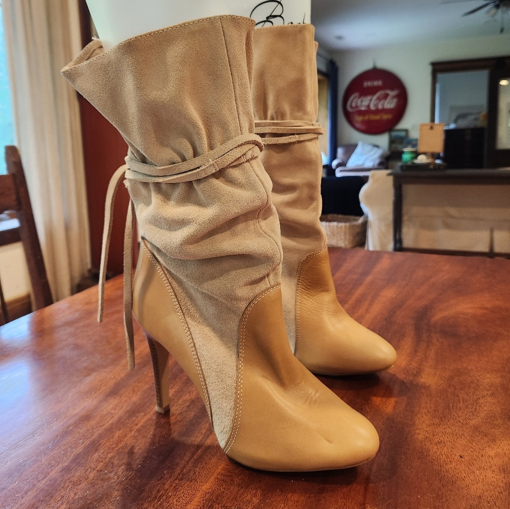 Colin Stuart Tan Leather Sued Heeled Boots 9 Mid Calf